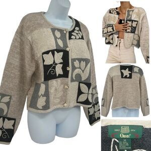 Orvis Ramie Cotton Linen Patchwork Natural Colors Leaf Cropped Cardigan Sweater
